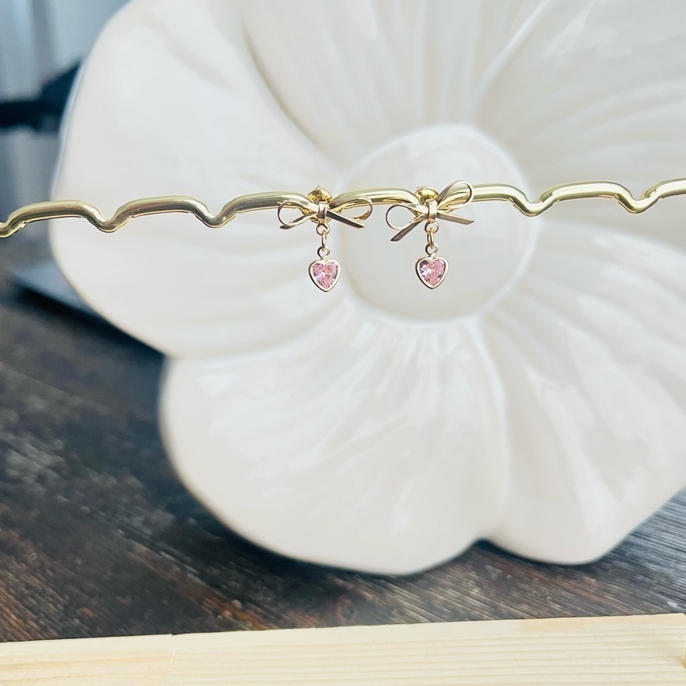 Pink heart bow earrings gold anthro